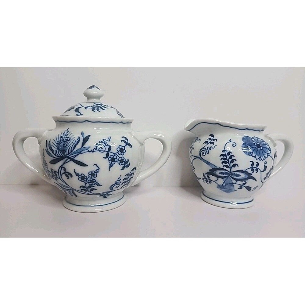 Blue Danube Creamer & Sugar Bowl Set w/ Lid Blue Onion Pattern Rectangle Stamp